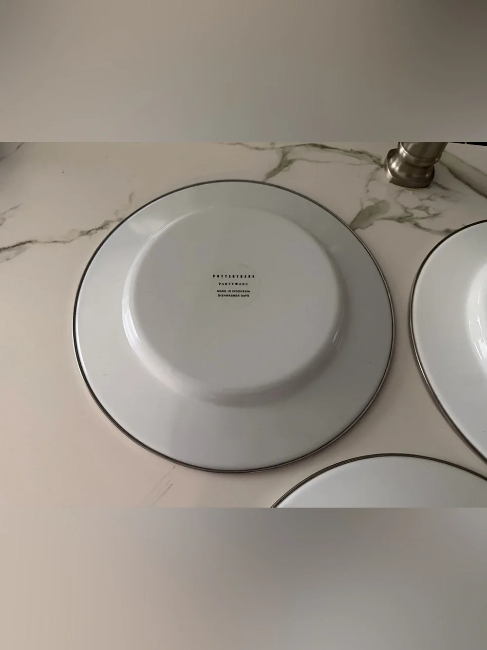 Pottery Barn White  Enamel 12” buffet dinner plate w/Silver Rim - Set of 3